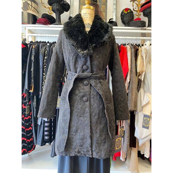 vintage y2k coat black brocade faux fur collar medium 1960s style gothic jacket - Picture 1 of 11